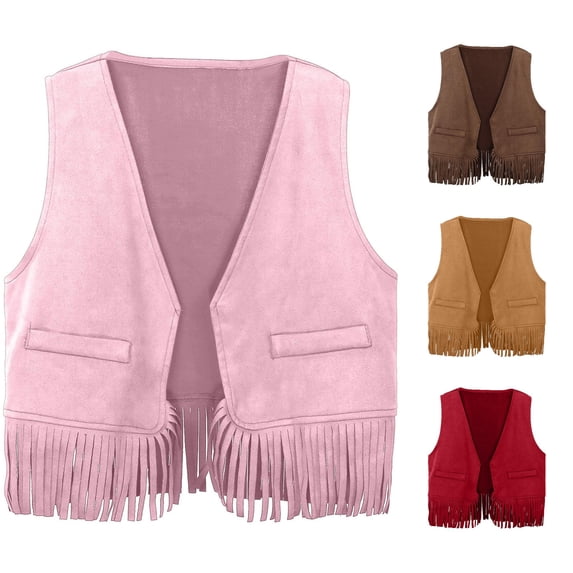 Krdevn Kids Western Fringe Vest Open Front Sleeveless Tassel Waistcoat Top for Party Dress Up,11-12 Years
