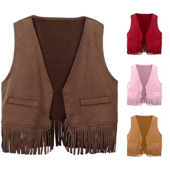 Krdevn Kids Western Fringe Vest Open Front Sleeveless Tassel Waistcoat Top for Party Dress Up,3-4 Years