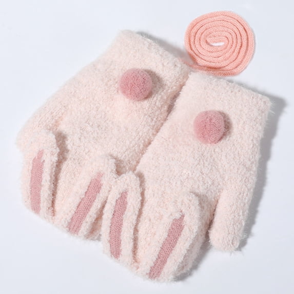 Krdevn Kids Winter Mittens Cartoon Bunny Design Fuzzy Plush Thermal Lined Anti Lost Hanging String Soft Warm Hand Covers for Cold Weather Outdoor Daily Play Activities