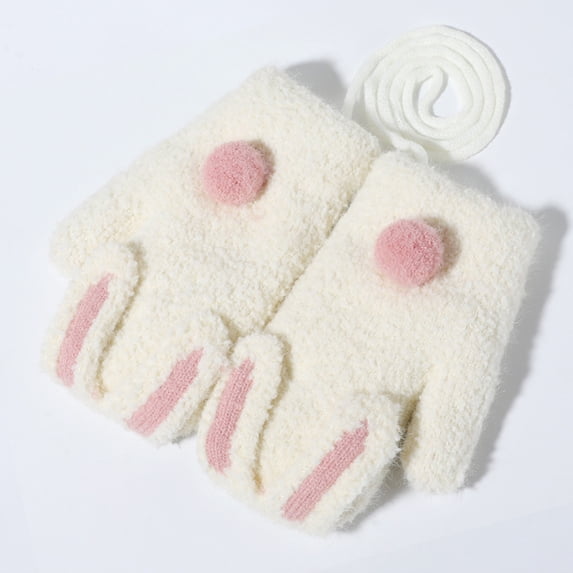 Krdevn Kids Winter Mittens Cartoon Bunny Design Fuzzy Plush Thermal Lined Anti Lost Hanging String Soft Warm Hand Covers for Cold Weather Outdoor Daily Play Activities
