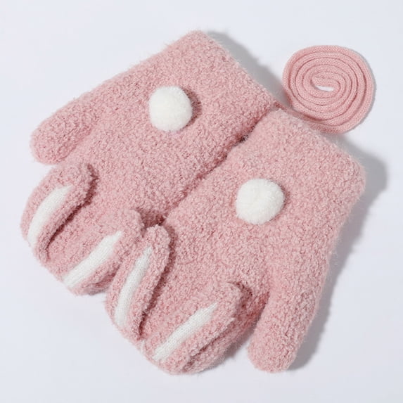 Krdevn Kids Winter Mittens Cartoon Bunny Design Fuzzy Plush Thermal Lined Anti Lost Hanging String Soft Warm Hand Covers for Cold Weather Outdoor Daily Play Activities