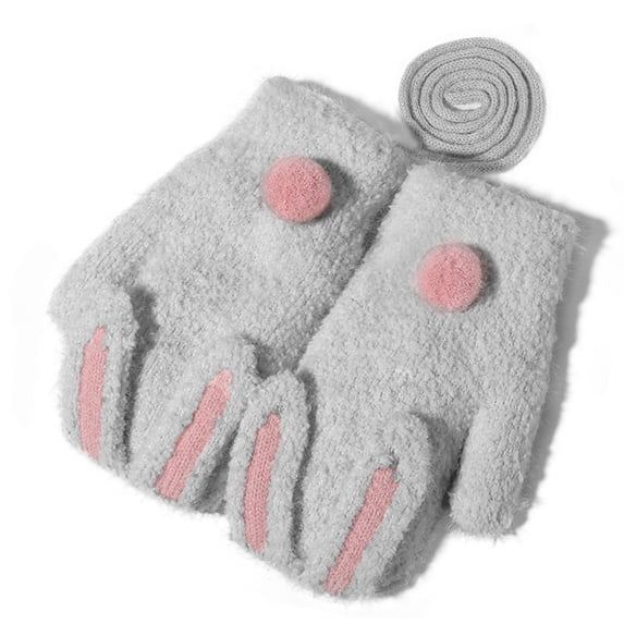 Krdevn Kids Winter Mittens Cartoon Bunny Design Fuzzy Plush Thermal Lined Anti Lost Hanging String Soft Warm Hand Covers for Cold Weather Outdoor Daily Play Activities