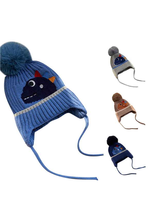 Krdevn Kids Winter Ribbed Knit Cartoon Dinosaur Earflap Beanie Hat Single Fluffy Pom Pom Embroidery Spine Long Tie Strings Windproof Soft Unisex Headwear for Toddler Boys Girls