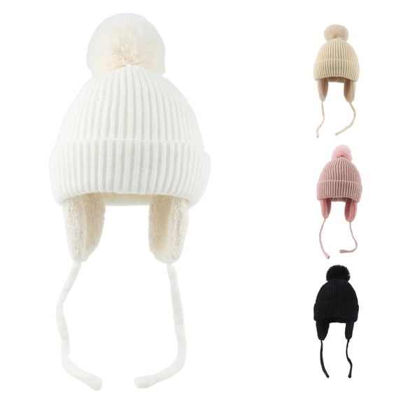 Krdevn Kids Winter Ribbed Knit Earflap Beanie Hat Single Pom Pom Lined Chin Tie Windproof Soft Stretch Unisex Headwear for Toddler Boys Girls