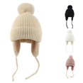 thumbnail image 1 of Krdevn Kids Winter Ribbed Knit Earflap Beanie Hat Single Pom Pom Lined Chin Tie Windproof Soft Stretch Unisex Headwear for Toddler Boys Girls, 1 of 3