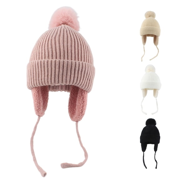Krdevn Kids Winter Ribbed Knit Earflap Beanie Hat Single Pom Pom Lined Chin Tie Windproof Soft Stretch Unisex Headwear for Toddler Boys Girls