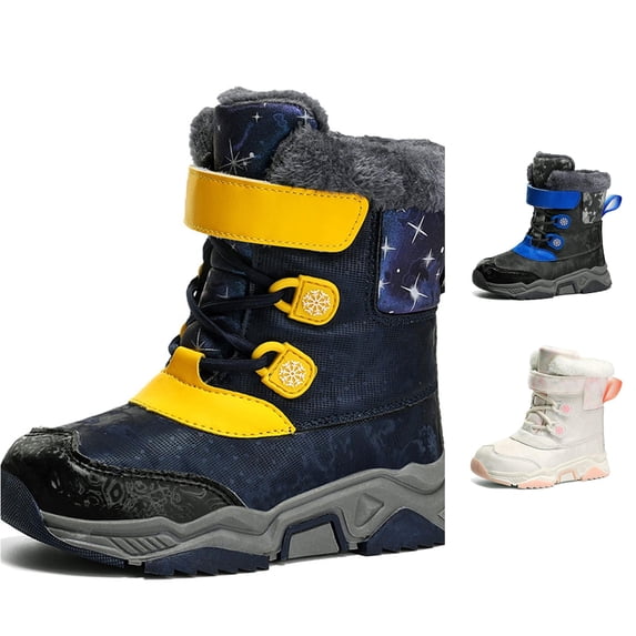 Krdevn Kids Winter Snow Boots, Fleece Lined Warm Boots, Hook‑and‑Loop Closure Non‑Slip Thick Sole Cold‑Weather Outdoor Boots,Yellow