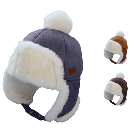 Krdevn Kids Winter Suede Trapper Earflap Hat Single Pom Pom Plush Lined Adjustable Snap Strap Windproof Warm Unisex Outdoor Headwear for Toddler Boys Girls