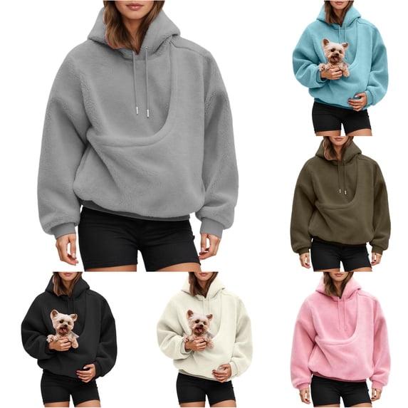 Krdevn Kitten Pouch Hoodie for Women with Pet Carrier Pocket for Small Cats Soft Warm Pullover Sweatshirt for Walks Loungewear Travel Cat Lover Gift,XL