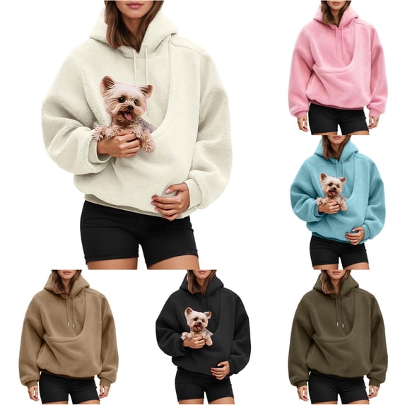 Krdevn Kitten Pouch Hoodie for Women with Pet Carrier Pocket for Small Cats Soft Warm Pullover Sweatshirt for Walks Loungewear Travel Cat Lover Gift,XL