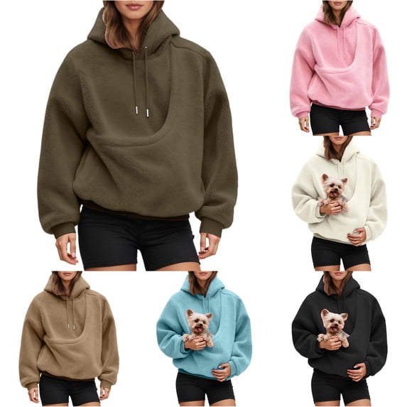 Krdevn Kitten Pouch Hoodie for Women with Pet Carrier Pocket for Small Cats Soft Warm Pullover Sweatshirt for Walks Loungewear Travel Cat Lover Gift,XL