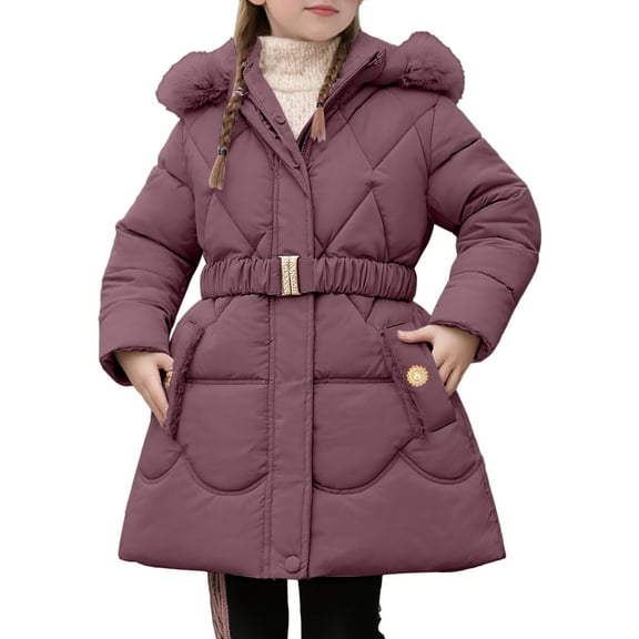 Krdevn Long Waist Winter Coat for Girls with Warm Filling and Detachable Hood,120=L