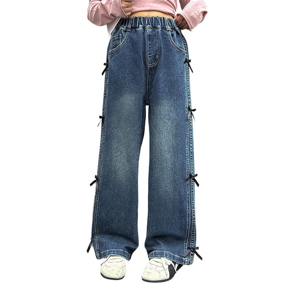 Krdevn Loose Fit Girls Denim Pants with Side Bow Straight Leg Trousers for Autumn for Everyday Wear,7-8 Years
