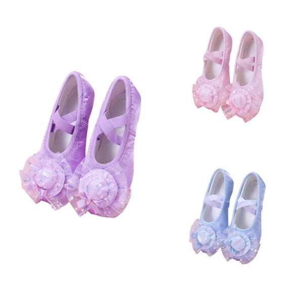 Krdevn Mary Jane Flat Heel Round Toe Satin Bow Sequin Detailed Soft Sole Ballet Dance Practice Shoes (Little Girls,Big Girls),2.5-3 Years