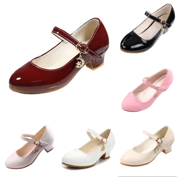 Krdevn Mary Jane Heel Shoes Rhinestone Buckle Decorative Bow Round Toe Buckle Strap Dress Shoes (Little Girls, Big Girls),11-11.5 Years