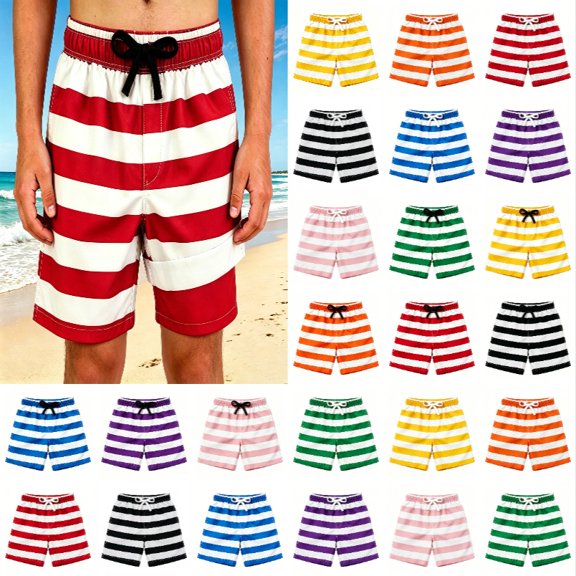 Krdevn Men Striped Print Swim Trunks, Double Layer Drawstring Elastic Waist Quick Drying Beach Swimming Shorts,Red