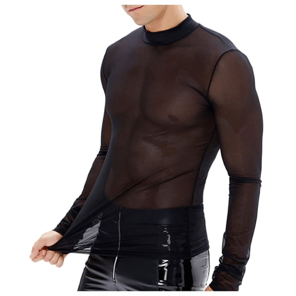 Krdevn Men's Black Mesh Printed Long Sleeved T Shirt Male Micro Transparent Versatile Elastic Base Shirt,L