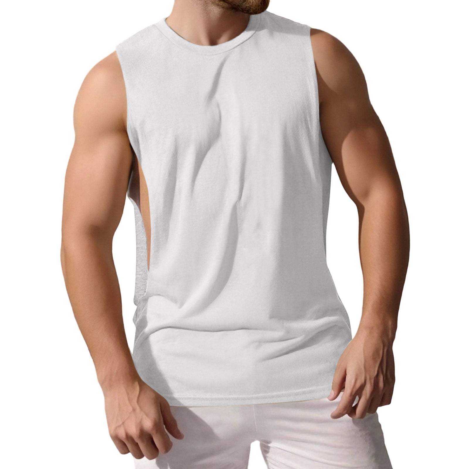 Krdevn Men's Broad Shoulder Loose Fit Tank Top Solid Color Side Split ...