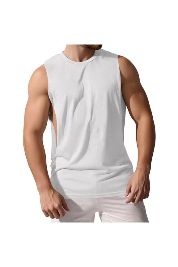 Men's Broad Shoulder Loose Fit Tank Top Solid Color Side Split Sleeveless Breathable Lightweight Stretchy for Summer Casual Gym Athletic Undershirt Workout,Tank Tops Men,M