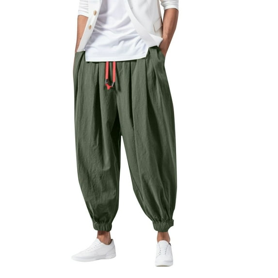 Krdevn Men's Casual Harem Pants Loose Fit Elastic Waist Wide Leg Solid Color Comfortable Trousers,Color: Army Green Size: XL