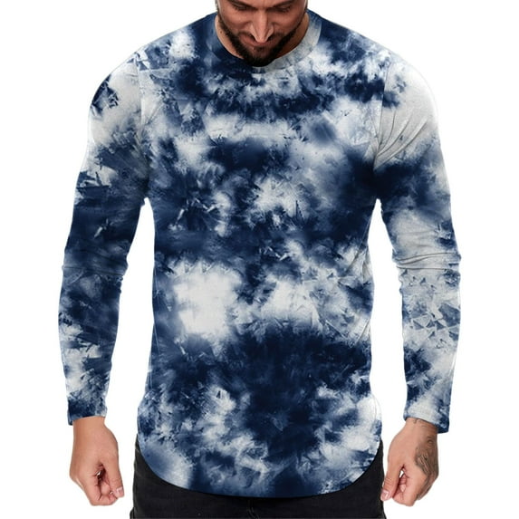 Krdevn Men's Casual Sports Fitness Outdoor Curved Hem Tie Dye Round Neck T Shirt Long Sleeve Top,L