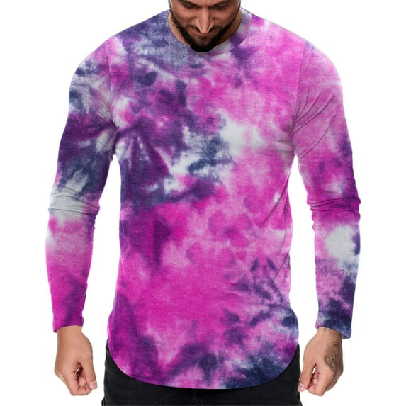 Krdevn Men's Casual Sports Fitness Outdoor Curved Hem Tie Dye Round Neck T Shirt Long Sleeve Top,M