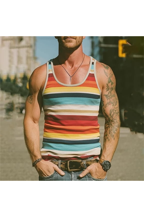 Men's Colorful Horizontal Stripe Tank Top for Summer Sleeveless Shirt Regular Fit Round Neck Breathable and Comfortable Casual Wear,Tank Tops Men,3XL