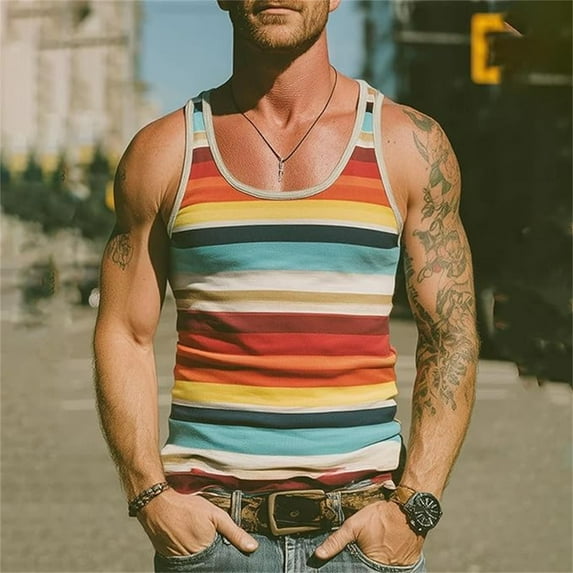 Krdevn Men's Colorful Horizontal Stripe Tank Top for Summer Sleeveless Shirt Regular Fit Round Neck Breathable and Comfortable Casual Wear,Tank Tops Men,M