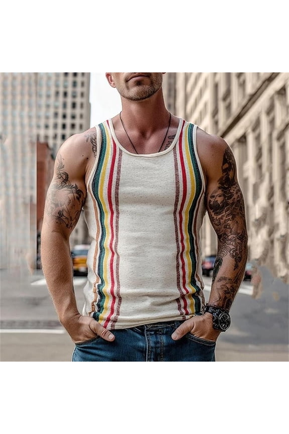 Men's Colorful Vertical Stripe Tank Top for Summer Sleeveless Shirt Regular Fit Round Neck Breathable and Comfortable Wear,Tank Tops Men,XXL