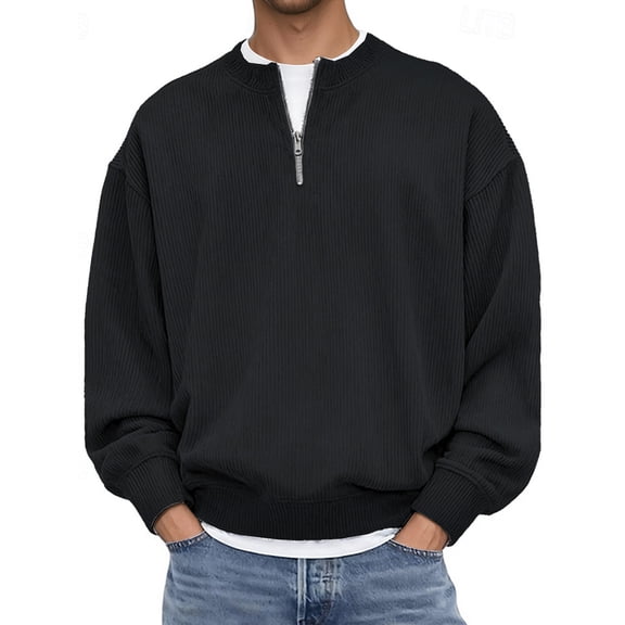 Krdevn Men's Corduroy Stand Collar Zipper Long Sleeve Casual Shirt Comfortable Top for Business Leisure Outfit,L