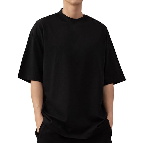 Krdevn Men's Half High Neck T Shirt Short Sleeve Heavyweight Loose Shoulder Minimalist Solid Color,M