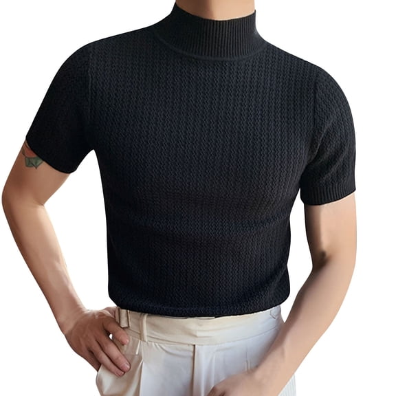 Krdevn Men's Half Turtleneck Casual Knitted Bottoming Shirt Tops Knitted Short Sleeve T Shirt Casual Comfortable Tee,L