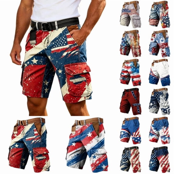 Krdevn Men's Independence Day American Flag Print Cargo Shorts Distressed Casual Utility Workwear Shorts
