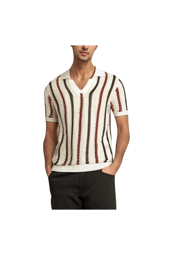 Men's Leisure Pilling Striped Sweater Hollow Contrast Thick Wool Ice Silk Knitted Business Shirt,XXL