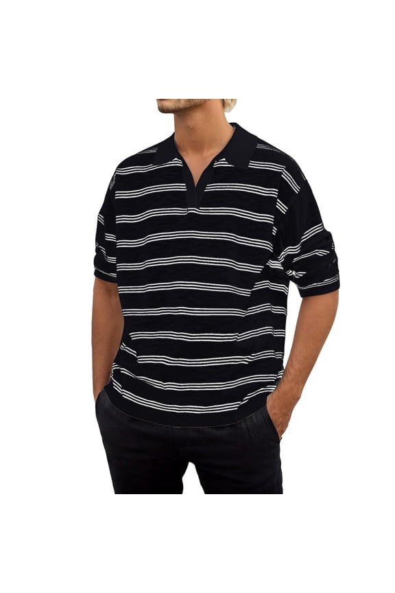 Men's Long Sleeve Drop Shoulder Striped T Shirt Breathable See Through Collar Tee Shirt Comfortable Casual Top,S