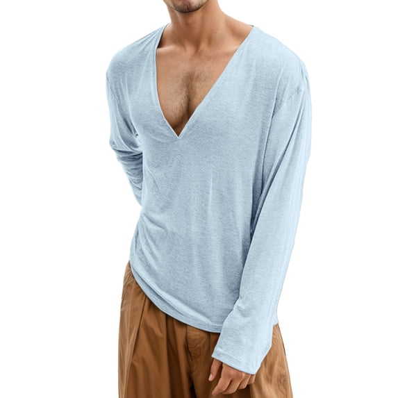 Krdevn Men's Long Sleeve V Neck T Shirt Slim Fit Breathable Lightweight Casual Basic Tee for Daily Wear Loose Comfortable Stretchable Top,L