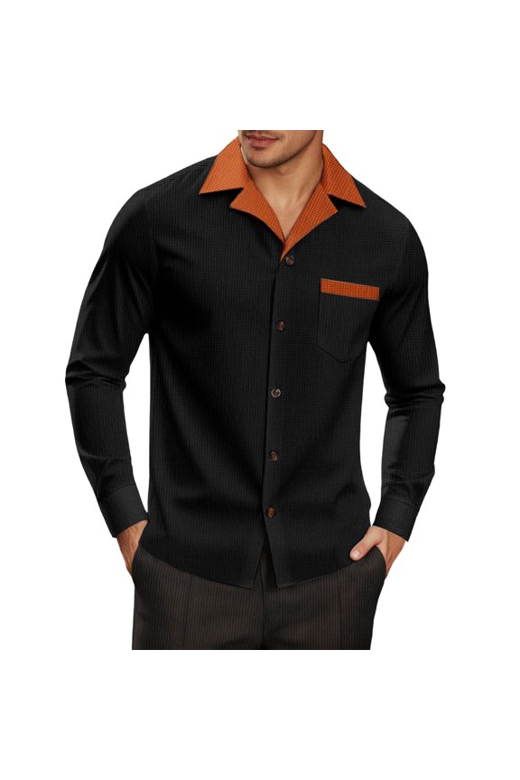 Men's Outdoor Versatile Casual Contrast Collar Button Pocket Long Sleeve Shirt,S