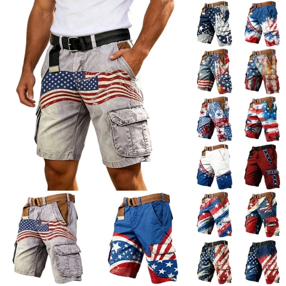 Krdevn Men's Retro American Flag Print Cargo Shorts Independence Day Casual Utility Workwear Shorts