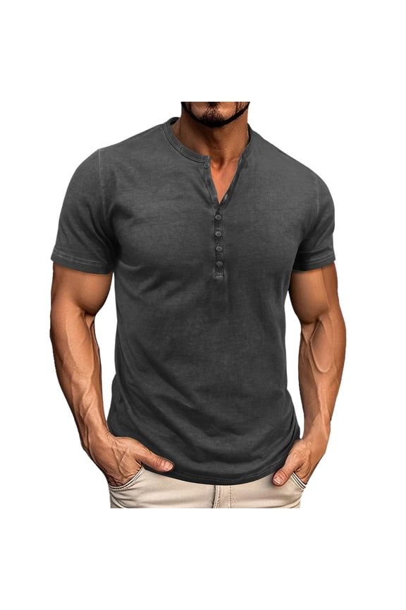 Men's Short Sleeve Button Color T Shirt Round Neck Tough Guy Base Top,M