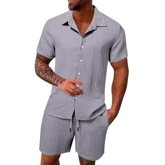 Krdevn Men's Short Sleeve Shirt & Shorts Set Casual Comfortable Breathable Summer Beach Outfit 2-Piece Athletic Wear,Color: Grey Size: L
