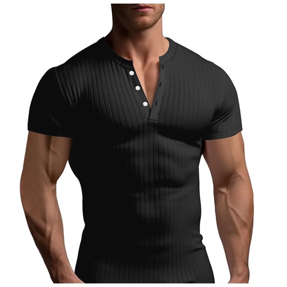 Krdevn Men's Short Sleeve T Shirt Summer Casual V Neck Solid Ribbed Holiday Shirts Tops,S