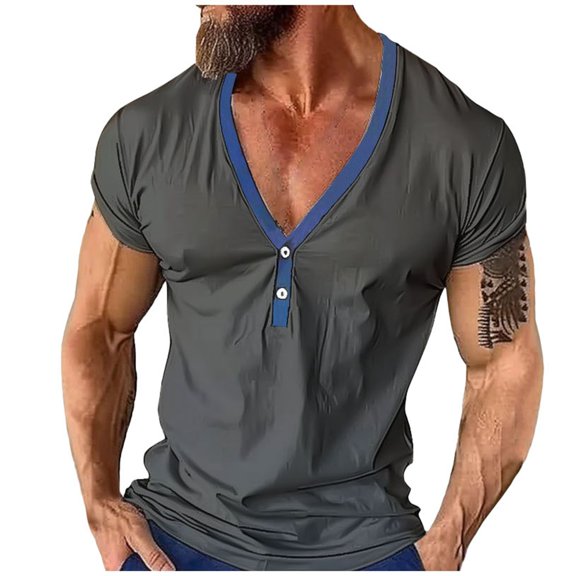 Krdevn Men's Short Sleeved Shirt Casual V Neck T Shirt Color Matching Top,XL
