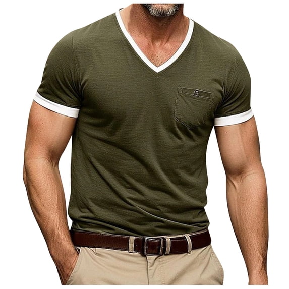 Krdevn Men's Short Sleeved V Neck Solid Color Stitching Pocket T Shirt Top,XXL