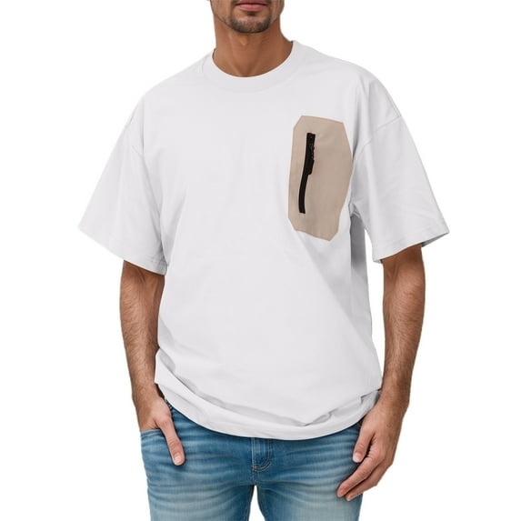 Krdevn Men's Sleeve T Shirts Oversize Zipper Pocket Comfortable Crewneck Graduated Color Fit Shirt Tops,XL