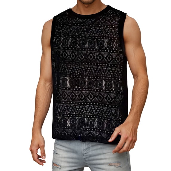 Krdevn Men's Sleeveless Tank Top Hollow Out Lace Solid Color Breathable Comfortable Loose Fit Summer Casual Wear Gym Workout Streetwear Muscle Shirt,Tank Tops Men,XXL