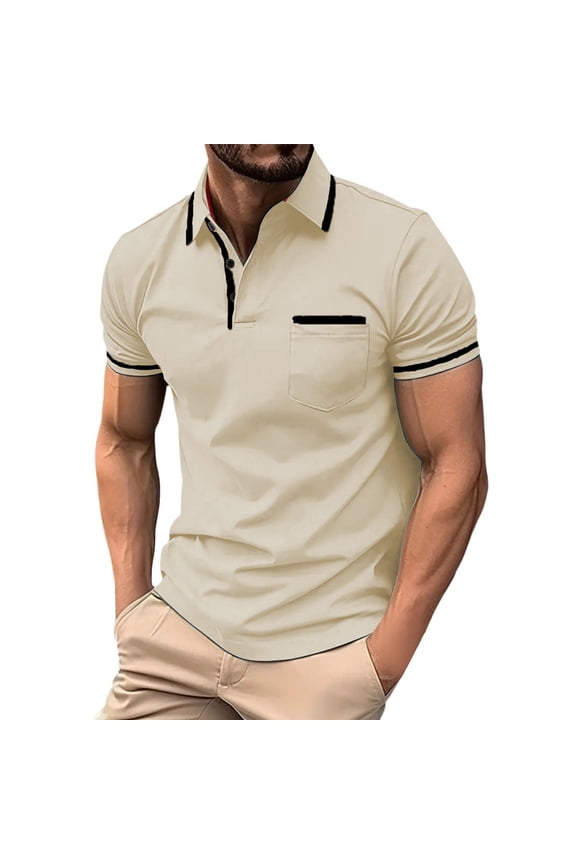 Men's Spring Business Lapel T Shirt Bottoming Shirt Short Sleeve Shirt Patchwork Top,S