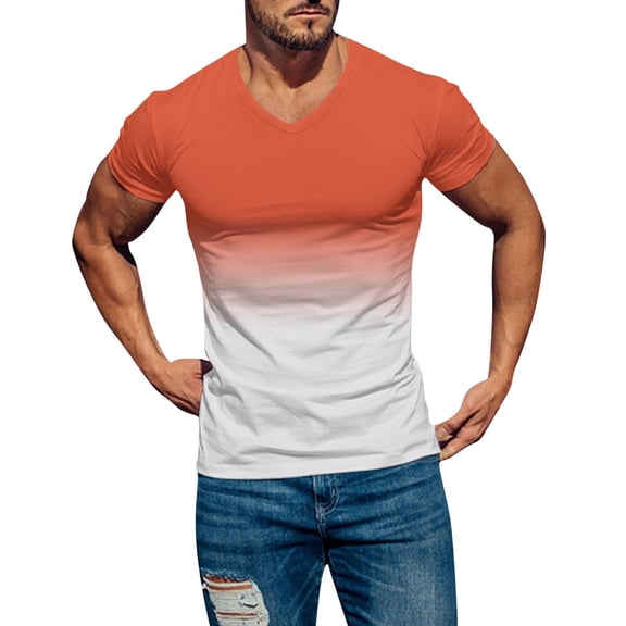 Krdevn Men's Spring Summer Casual Sports Comfortable Soft Gradient Solid Color Slim Short Sleeve V Neck T Shirt,XL
