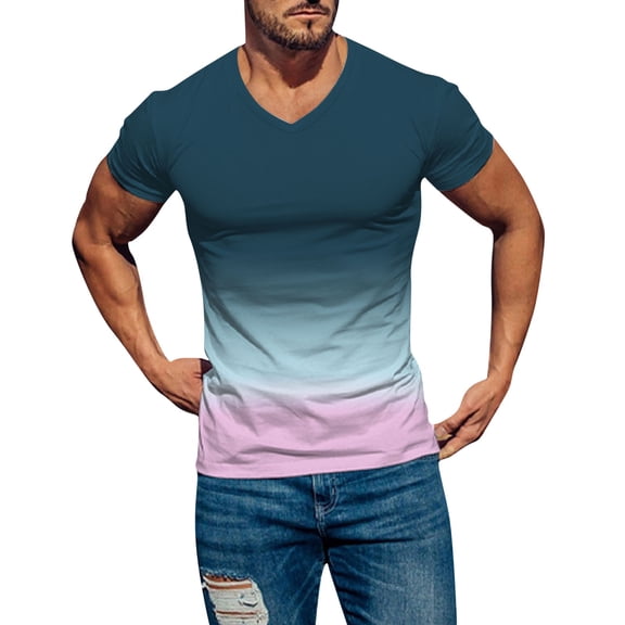 Krdevn Men's Spring Summer Casual Sports Comfortable Soft Gradient Solid Color Slim Short Sleeve V Neck T Shirt,XL