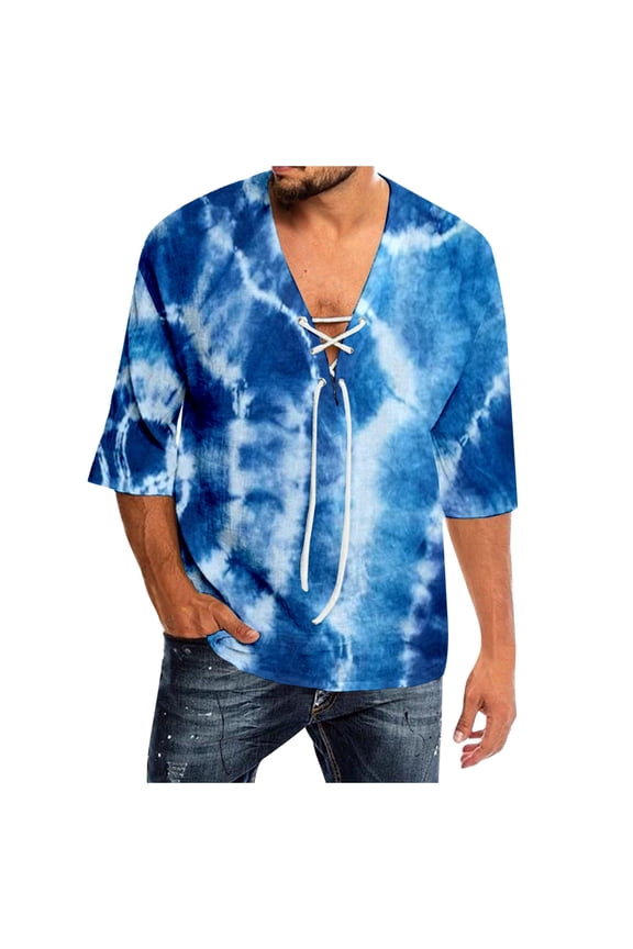 Men's Spring and Summer Casual Tie Dye Print T Shirt Lacing V Neck 3/4 Sleeve Tops,XXL