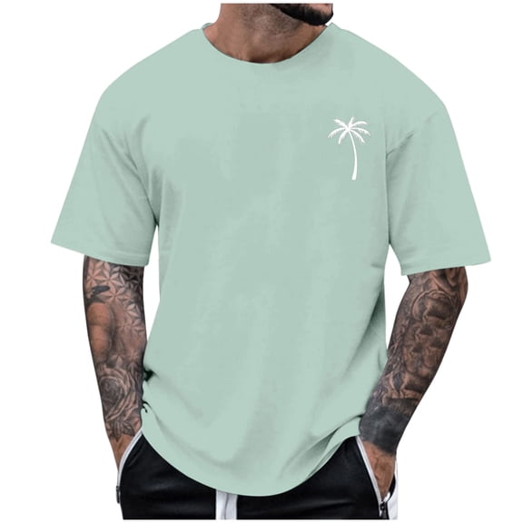 Krdevn Men's Spring and Summer Coconut Tree Print Short Sleeve Round Neck T Shirt Trend Bottoming Shirt,M